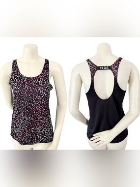Under Armour HeatGear Racerback Tank Top Black Pink White Print Size Small
